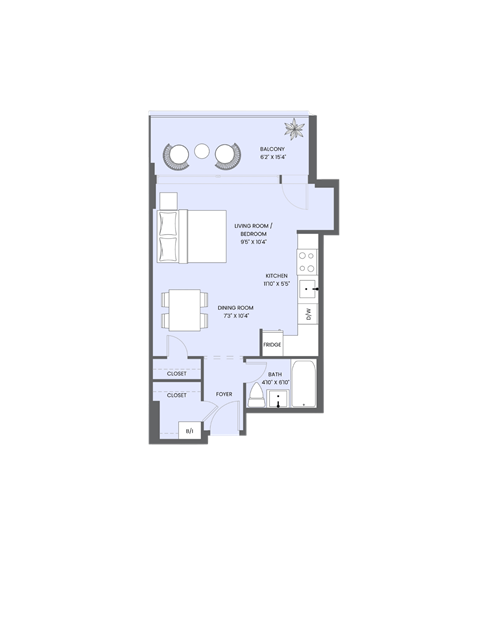 Floor plan for studio, 1 bath, 435 sqft